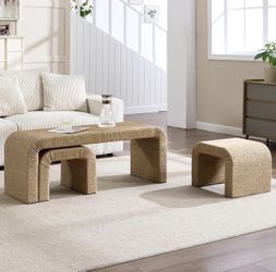 New ———- In Box ———ZAREAL 3-Piece Nesting Woven Rope Coffee Table Set, 47" Modern Coastal Waterfall Living Room Table with 2 Stools Underneath, Brown