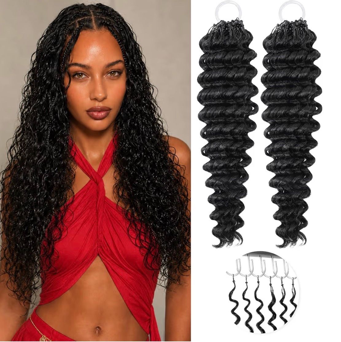 18” Deep Wave Crochet Human Hair Pre Separated Knotless Braids 40 Strands