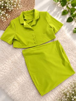 Lime Green Cropped Blazer Mini Skirt Set Y2K Size L
