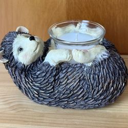 Retro Hedgehog Lying On Back Brown 3.25” Tall Resin Tealight Candle Holder