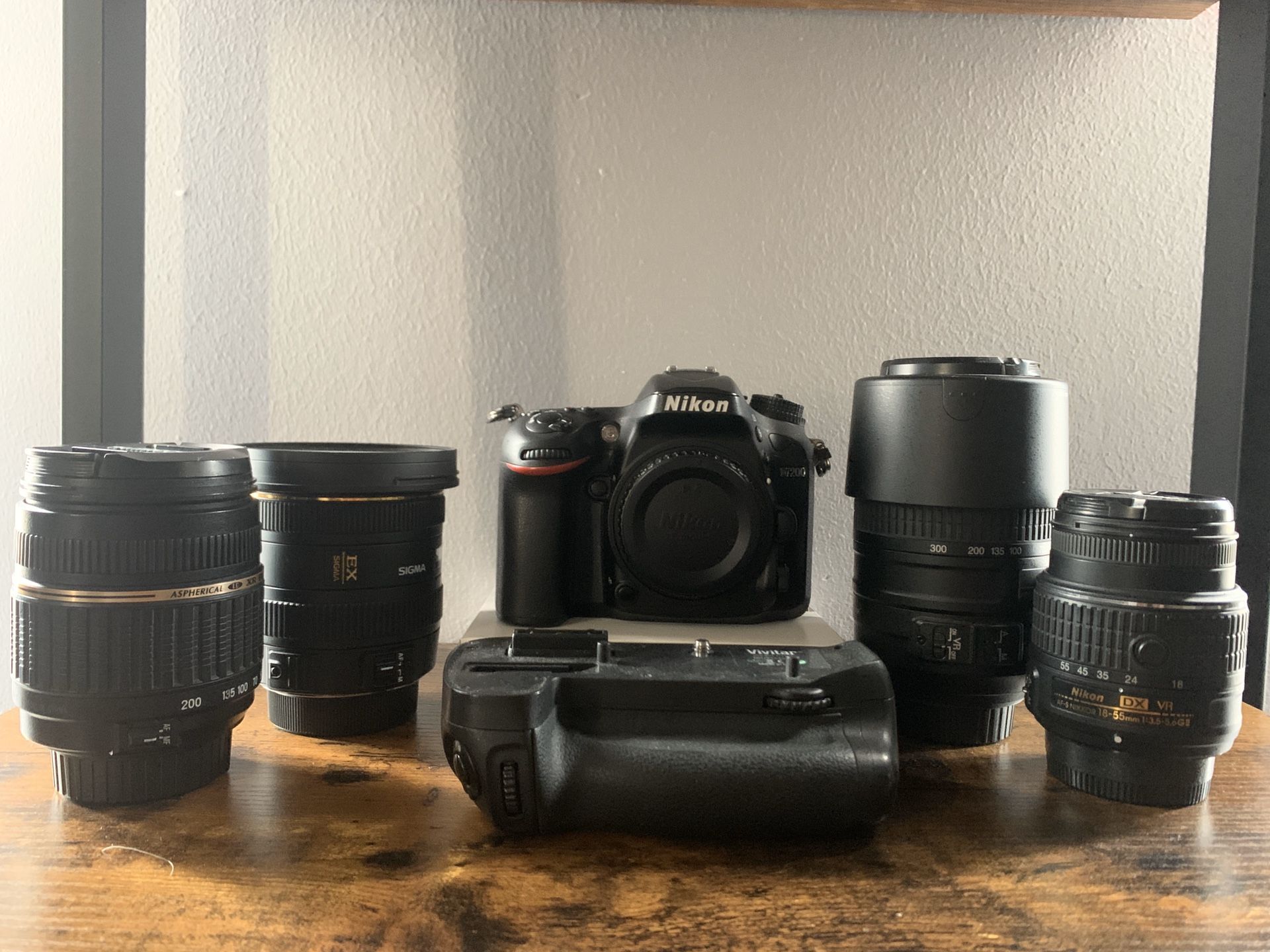 Nikon D7200 with charger grip and 4 lenses