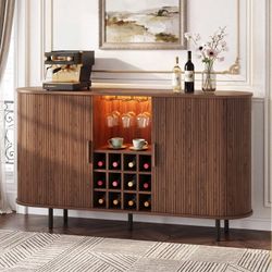 55" Wine Bar Cabinet with LED Light,Modern Liquor Whiskey Coffee Station with Wine Rack and Glass Holder, Farmhouse Large Buffet Sideboard for Dining 