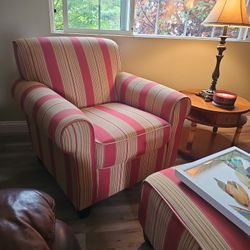 Chair With Ottoman With A Soft Yellow Gold, Red, And Cream Stripes