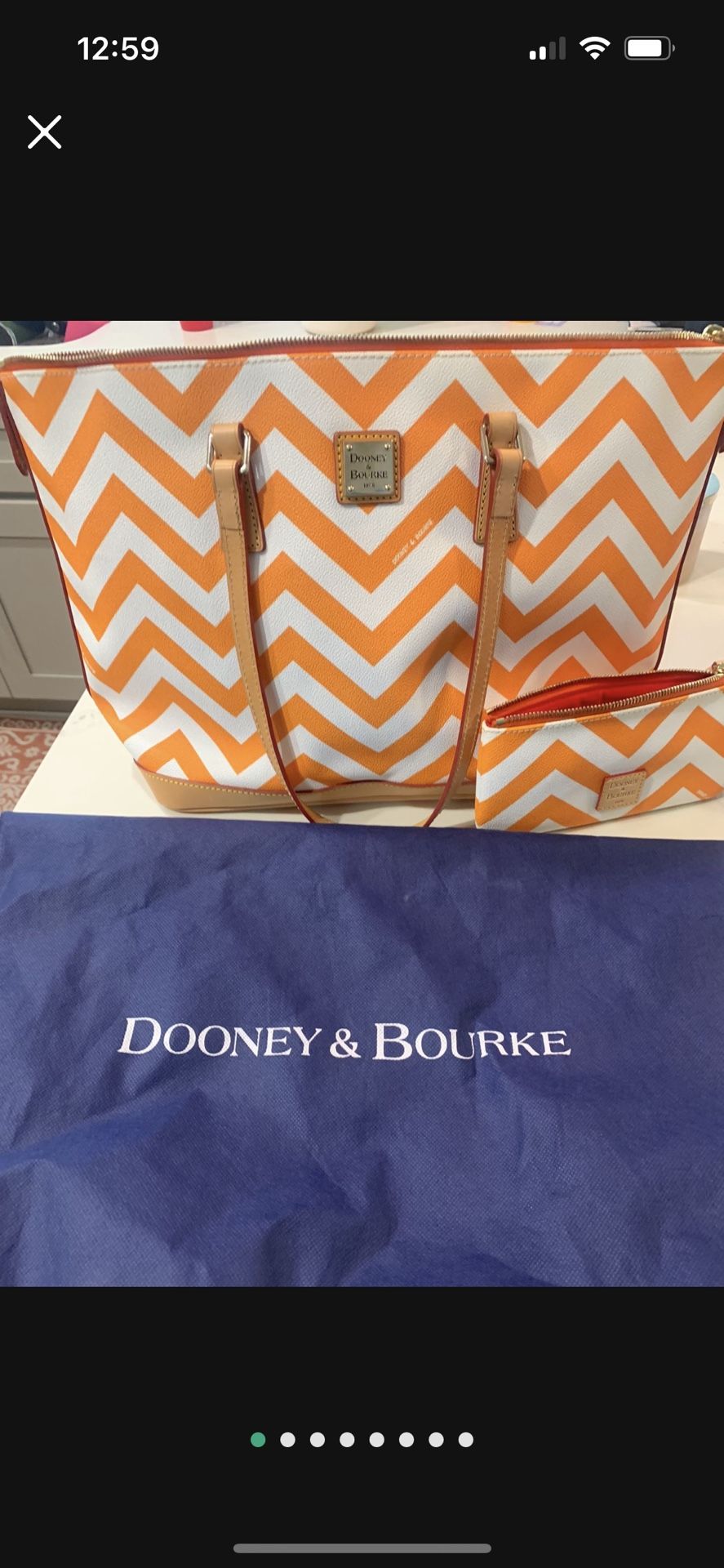 Dooney & Bourke Chevron Print Coated Leather Tote Bag With Make Up Bag, Key Fob And Dust bag In