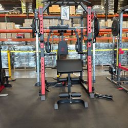 MARCY SM-4033 Home Gym Smith Machine Squat Rack Power Cage with Olympic Bench  