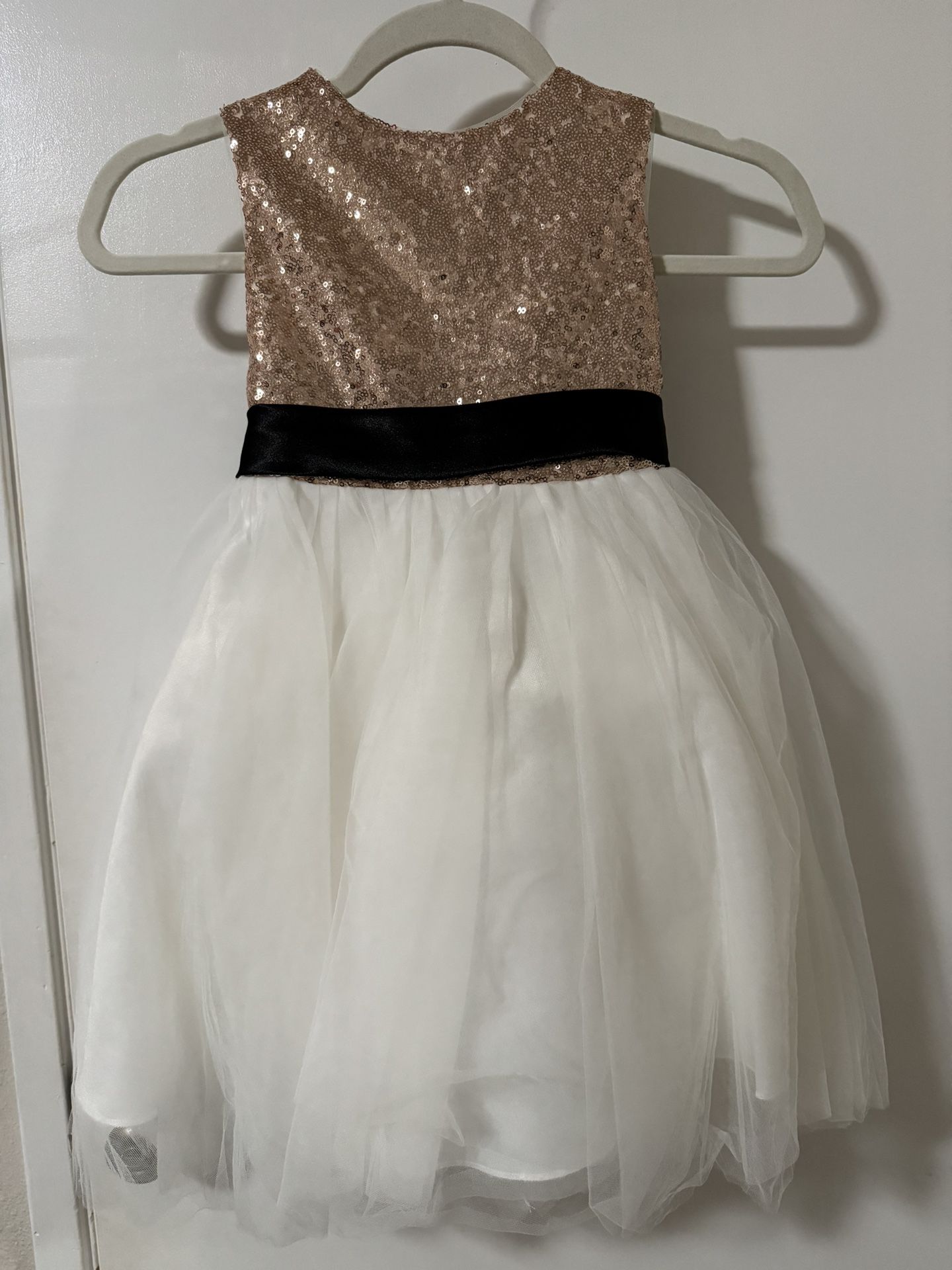 Baby Flower Girl Rose Gold Sequin & White Tutu Dress With Black Bow