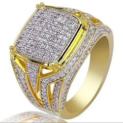 Luxurious Fully Iced 18K Gold Plated Cubic Zirconia Men Wedding Engagement Ring, Size 11