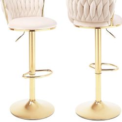 Velvet Bar Stools Set of 2, Counter Height Bar Stools with Low Back, Gold Swivel Bar Stools for Kitchen Island, Bar Pub (Beige)