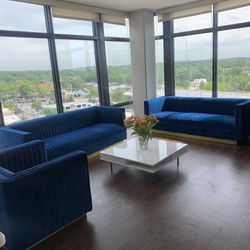 Elegant Velvet Blue Sofa Set For Sale | Coffee Table & Fireplace Sold Separately 