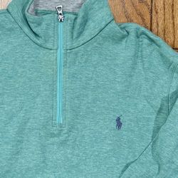 😎  Green Blue PONY Mens LARGE Ralph Lauren POLO Long Sleeve Quarter Zip Performance Dress Sweater Shirt