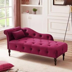 60” Burgundy Red Velvet Tufted Sofa Chaise Lounge / Sofa / Chair [NEW IN BOX] **Retails for $600+