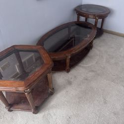 3-Piece Solid Wood & Glass Living Room Table Set
