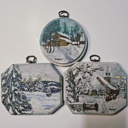 3 Vintage  Original Jean Kennedy Winter Scenes On Wood Plaques  