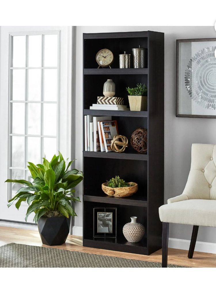 Framed 5-Shelf Bookcase with Adjustable Shelves, Espresso, New in Box