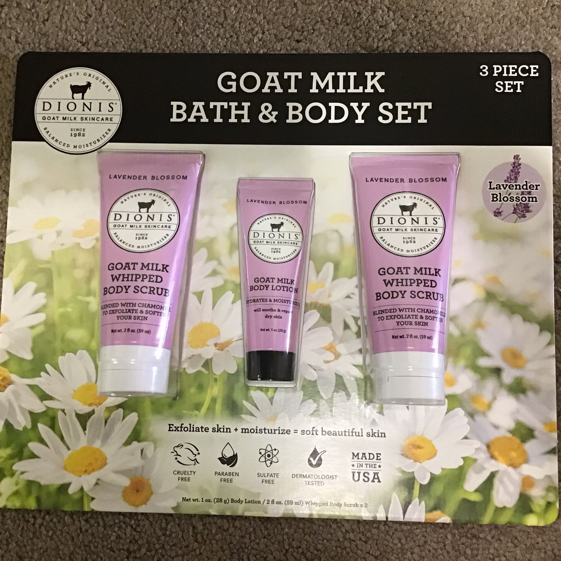 New & Sealed-Dionis Goat Milk Bath & Body Set, 3 Piece Set, (Lavender Blossom)