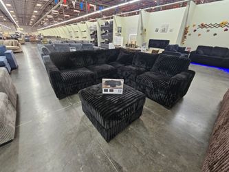 Black Corduroy Sectional Sofa with Ottoman