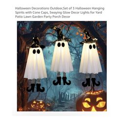 Brand new Halloween Decorations Outdoor,Set of 3 Halloween Hanging Spirits with Cone Caps, Swaying Glow Decor Lights for Yard Patio Lawn Garden Party 