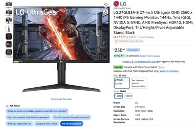 LG 27-Inch Ultragear QHD 2560 x 1440 IPS Monitor, 144Hz