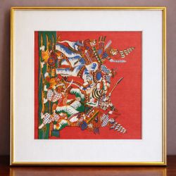 Vintage Style Framed Folk Art Horsemen Warriors Red Wall Art Gold Frame