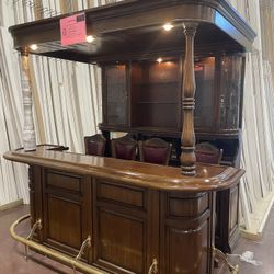Wooden Bar And Stools 96” Wide X 70” Depth X 91” High