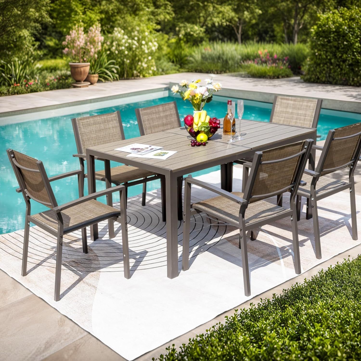 New Patio Rectangular 6 Person 60” Long Dining Set Outdoor Furniture Outdoor Dining Chairs and Table