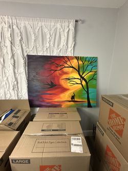 🖼 Original Hand-Painted Elephant & Sunset Canvas Art