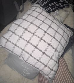 Heart and Hand Magnolia White and Brown With one Green Stripe Plaid Throw Pillow