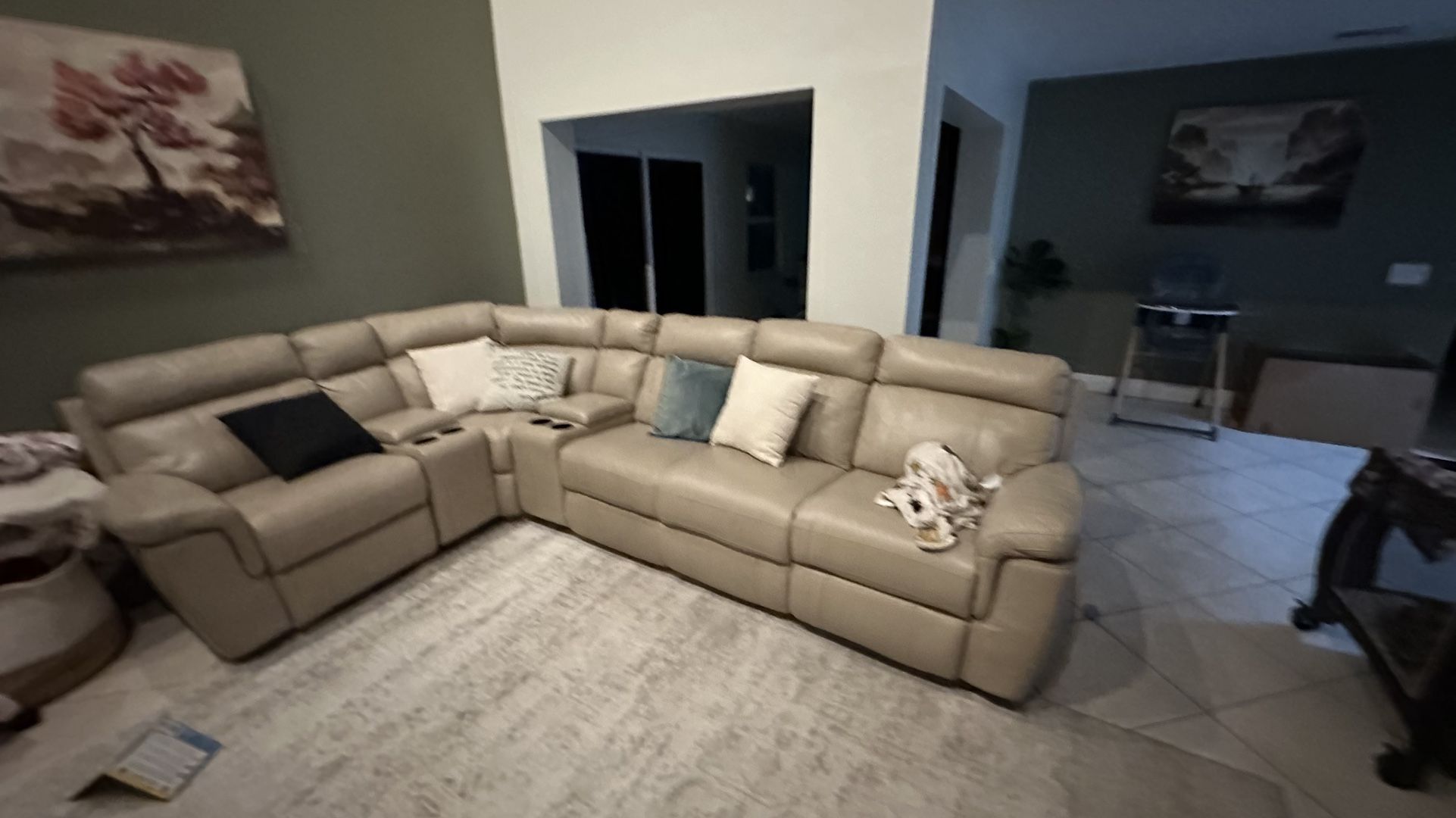 Beige Leather Power Reclining Sectional Sofa