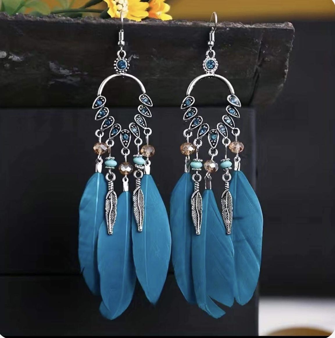 Bohemian Turquoise Feather Tassel Earrings *See My Other 800 Items *