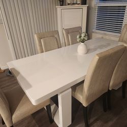 White Dining Room Table W/6 Beige Chairs