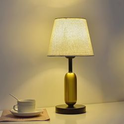 Modern Fabric Table Lamp with LED, Beige Shade Bedside Light with Foot Switch