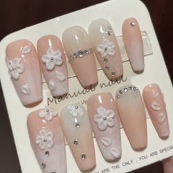 10pcs/Set Handmade Coffin Shaped Artificial Nails With Pink Blush