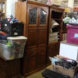 Vintage Brown Wood Hutch with Glass Display Cabinet and Storage Drawers – 76.5x32 in