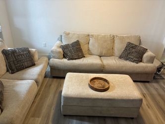 Beige Fabric Sofa Set with Ottoman