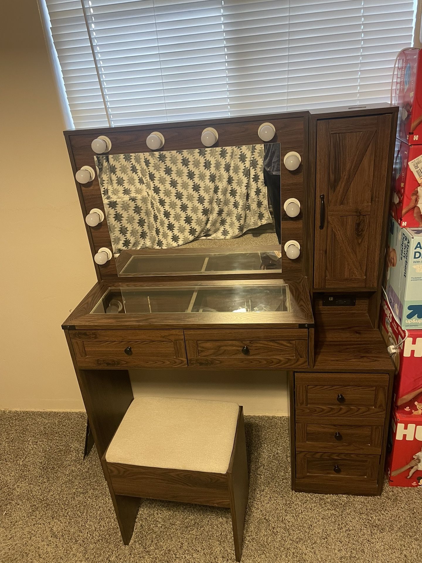 Vanity with Mirror and Stool