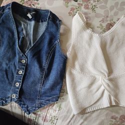 Blue Denim And White Sleeveless Sweater Tank Top