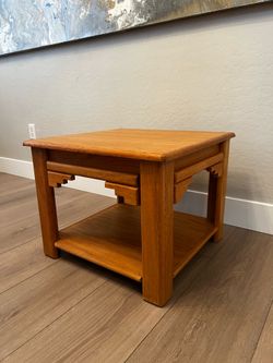 Vintage Mission Style Two Tier Solid Wood Side Table w/ Drawer & Storage Shelf