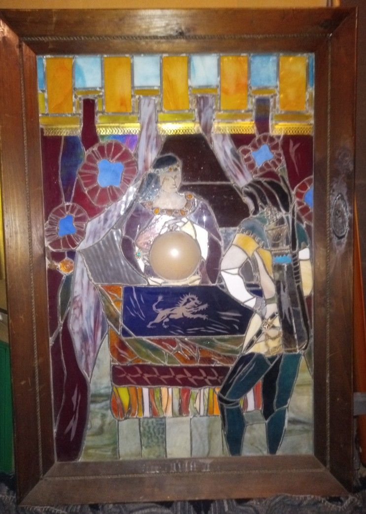 Large Beautiful Antique Stain glass Picture In A Frame