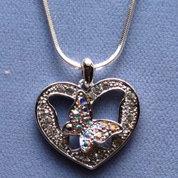 Crystal Heart with Butterfly Necklace On Snake Chain *Ship Nationwide Or Pickup Boca Raton 