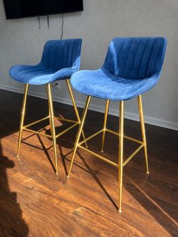 Blue Velvet Bar Stools with Gold Legs – Set of 2