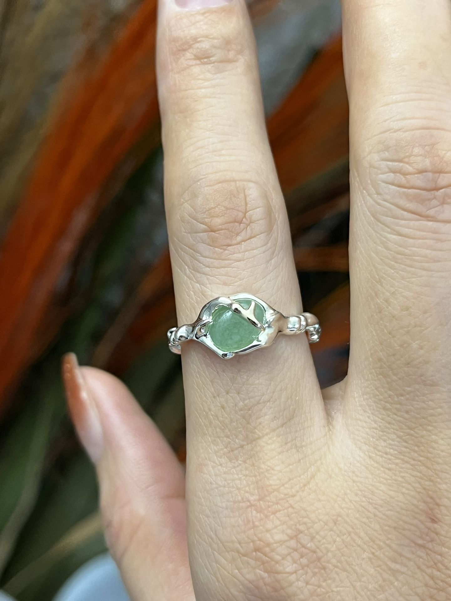 S925 Silver green jade branch irregular open ring,Silver open ring,Heart Flower Animal Irregular silver open ring,Bohemian Chunky Punk ring, Gift for