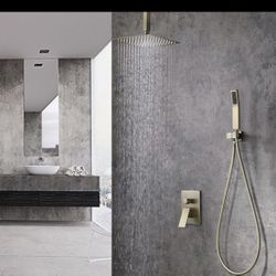 KS #081815 Modern Ceiling Mounted 12" Ultrathin Square Rain Showerhead Shower System Pressure Balance Valve And Trim Brushed Gold