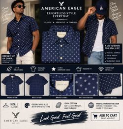 American Eagle Navy Geometric Print Short Sleeve Button-Up Shirt