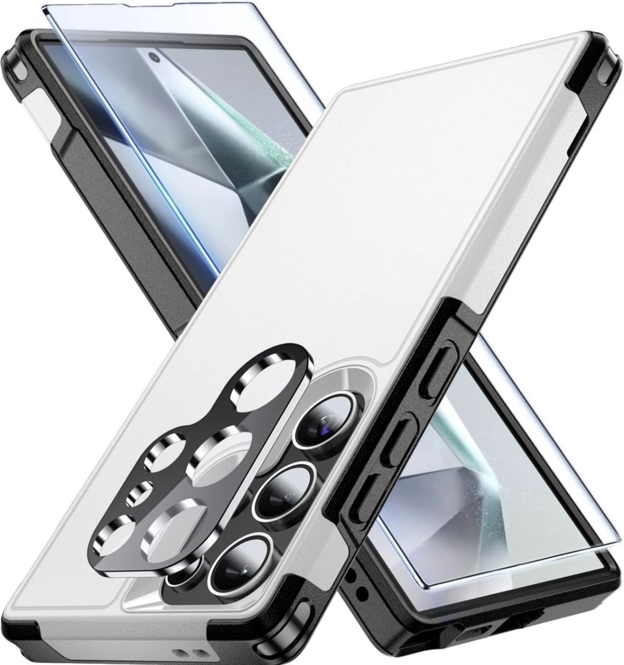 CATiabax Galaxy S24 Ultra Case White W/ 9H Glass + Camera Cover 15FT Drop Proof