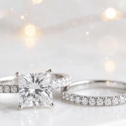 Silver Plated Cubic Zirconia Bridal Set - $75.00 💍 Beautiful princess cut engagement ring + matching eternity band! Sizes: 6, 7, 8, 9, 11 Available P