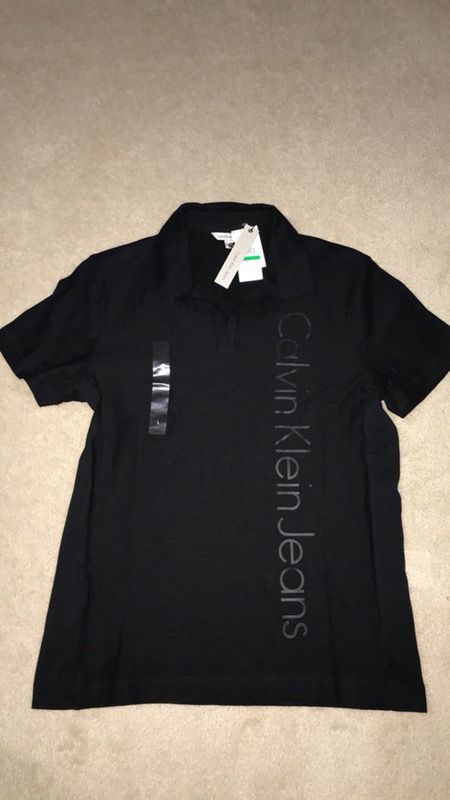 Calvin Klein NEW Black Mens Size Large L Brand Graphic Trim Polo Shirt $50
