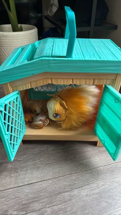 Kids play hamster cage with hamsters