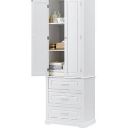 AS IS New Assembled Bathroom Storage Cabinet w/ Doors and 3 Drawers Tall Kitchen Pantry Organizer 