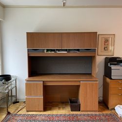 Large Brown Desk With Over Head Storage And Two File Cabinet 
