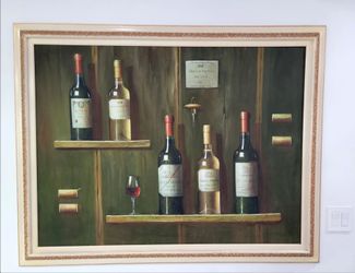 Original Impressionist style oil painting with a gold frame. It features wine bottles. M: 55" W x 43.5" H.